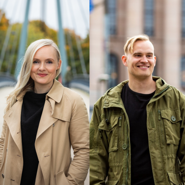 Kuva puheenjohtaja Maria Ohisalosta ja varapuheenjohtaja Atte Harjanteesta rinnakkain